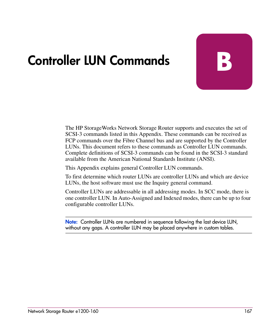Controller lun commands, B controller lun commands, Information, see appendix b | Appendix b, Controller lun, Commands | HP e1200-160 User Manual | Page 167 / 200