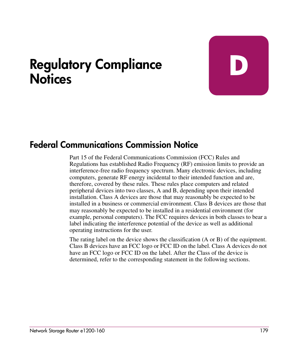 Regulatory compliance notices, Federal communications commission notice, D regulatory compliance notices | HP e1200-160 User Manual | Page 179 / 200