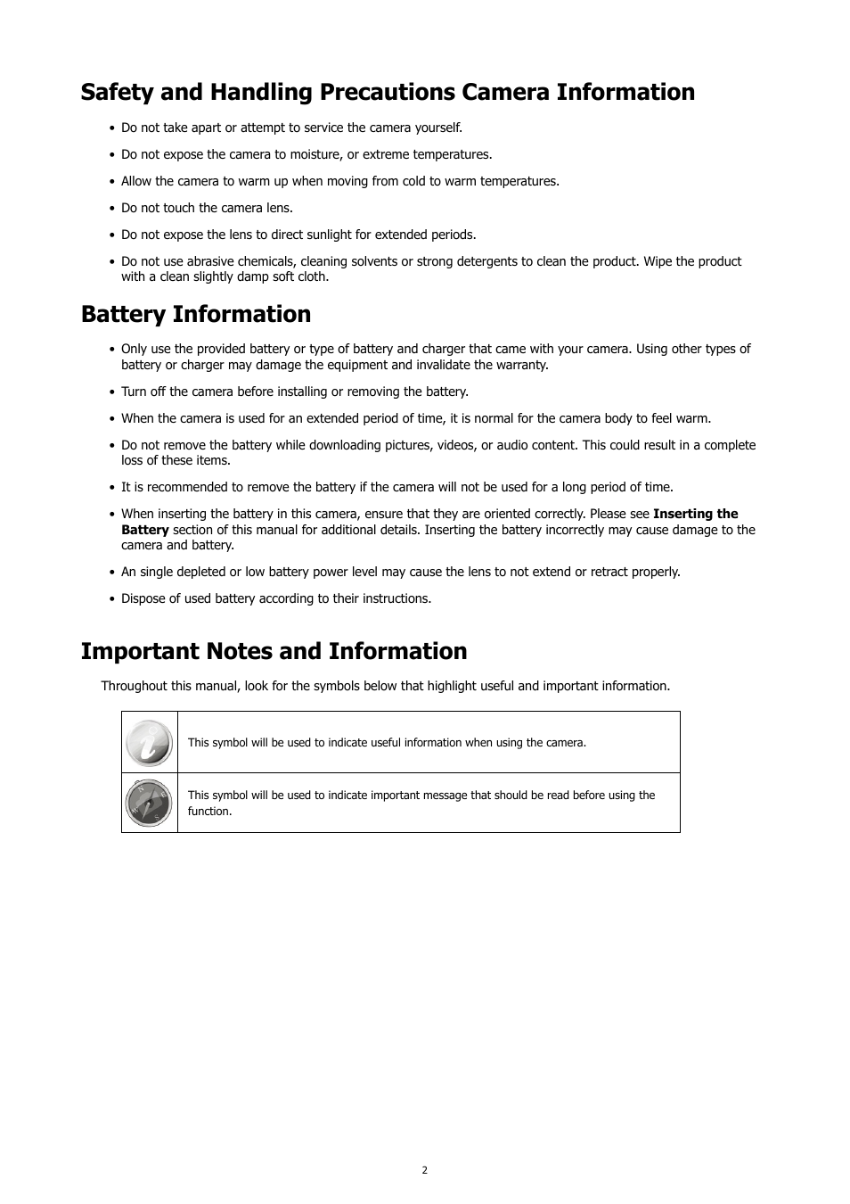 Safety and handling precautions camera information, Battery information, Important notes and information | HP PC460T User Manual | Page 6 / 83