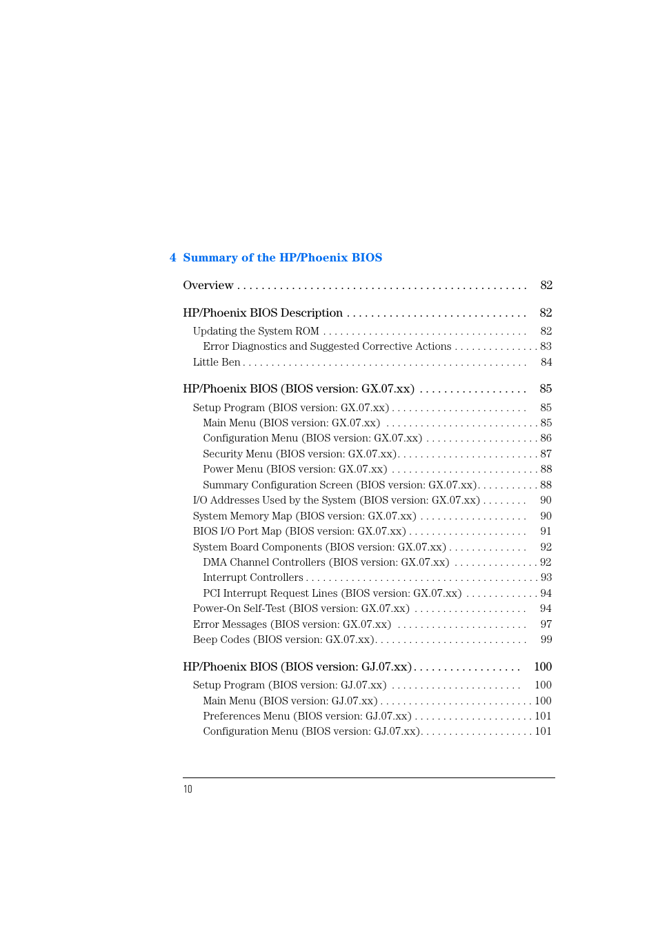 4 summary of the hp/phoenix bios | HP Vectra 500 Series User Manual | Page 10 / 146
