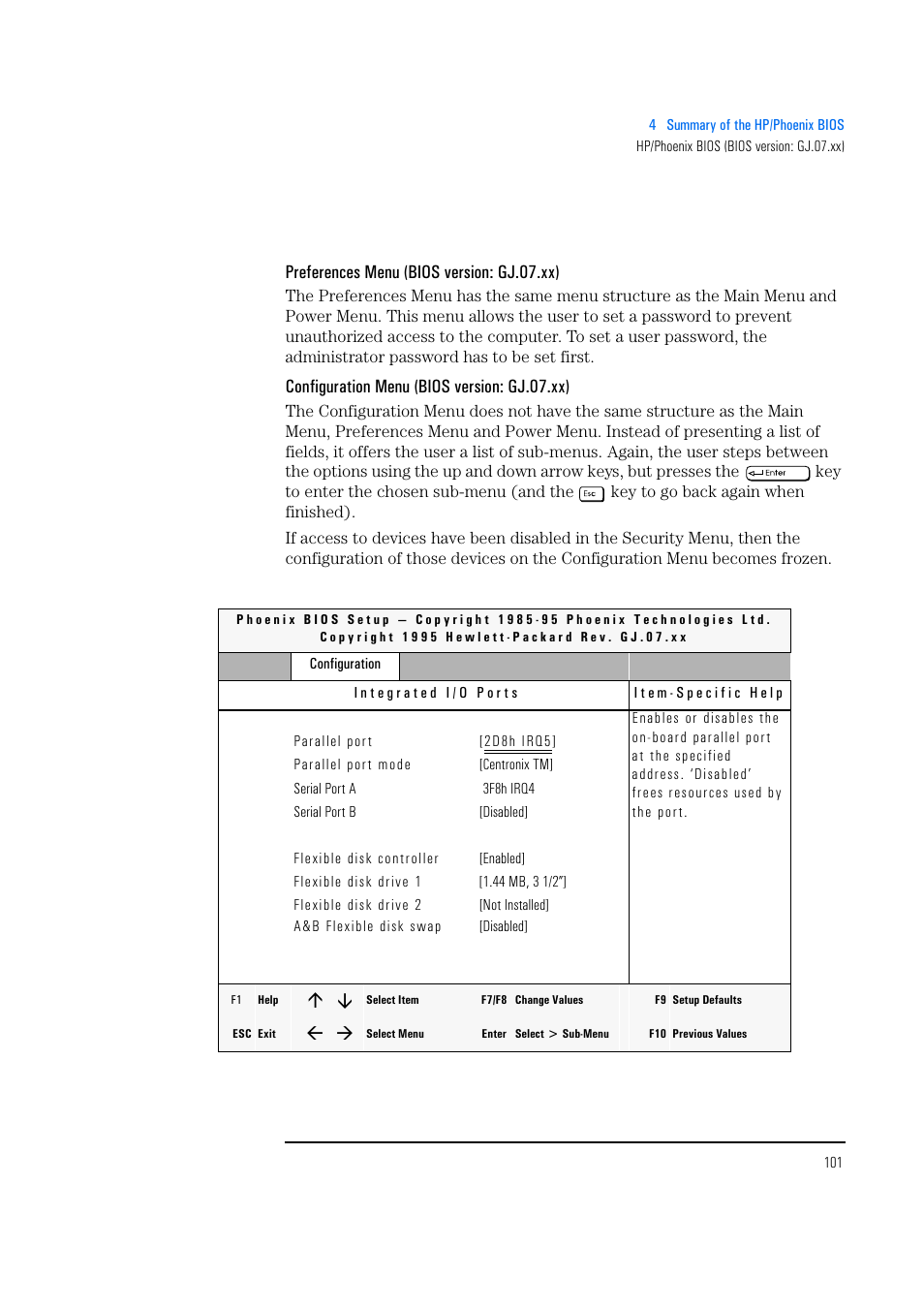 Preferences menu (bios version: gj.07.xx), Configuration menu (bios version: gj.07.xx) | HP Vectra 500 Series User Manual | Page 101 / 146