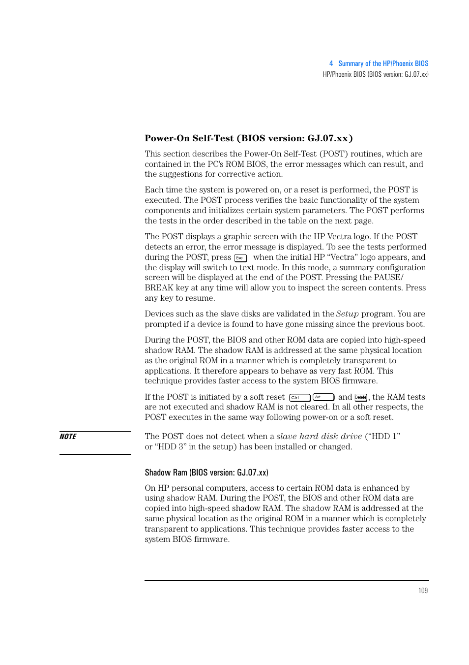 Power-on self-test (bios version: gj.07.xx), Shadow ram (bios version: gj.07.xx) | HP Vectra 500 Series User Manual | Page 109 / 146