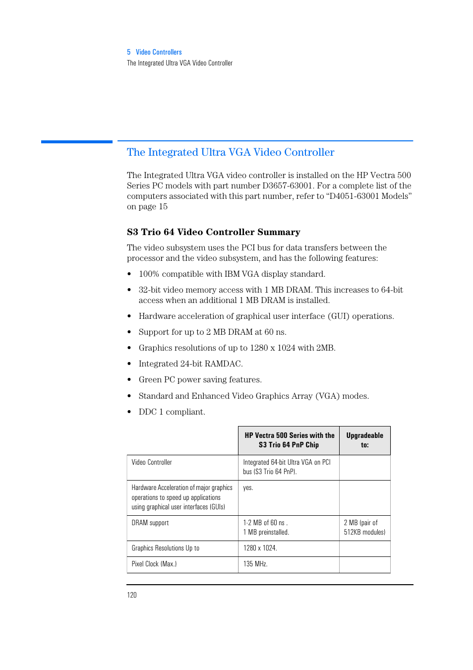 The integrated ultra vga video controller, S3 trio 64 video controller summary | HP Vectra 500 Series User Manual | Page 120 / 146