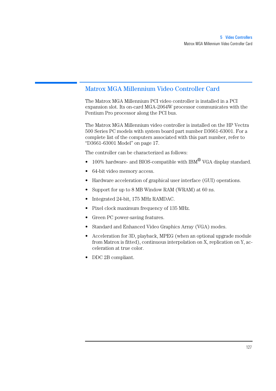 Matrox mga millennium video controller card | HP Vectra 500 Series User Manual | Page 127 / 146