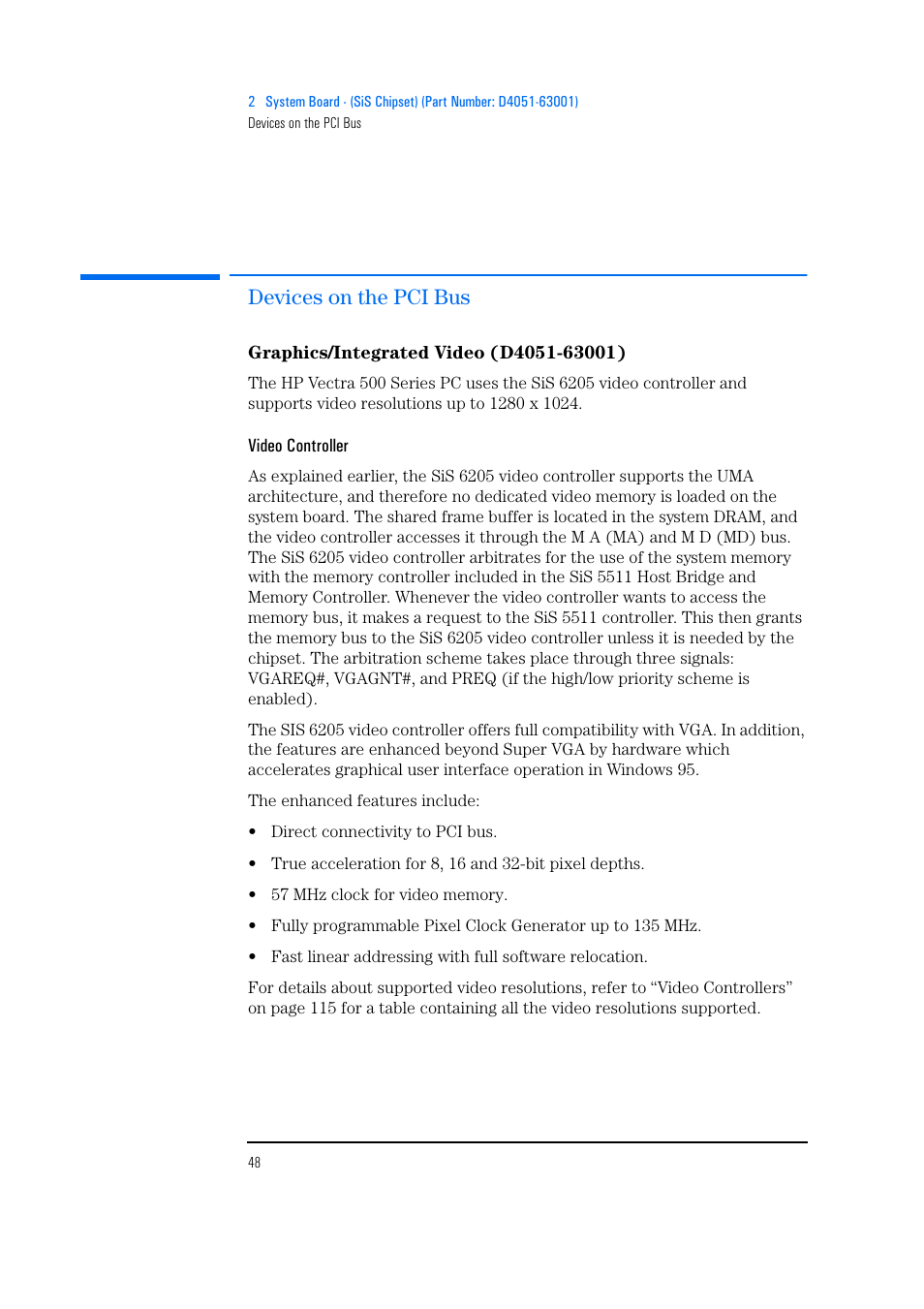 Devices on the pci bus, Graphics/integrated video (d4051-63001), Video controller | HP Vectra 500 Series User Manual | Page 48 / 146
