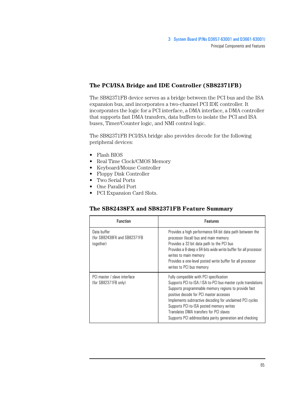 The pci/isa bridge and ide controller (sb82371fb), The sb82438fx and sb82371fb feature summary | HP Vectra 500 Series User Manual | Page 65 / 146