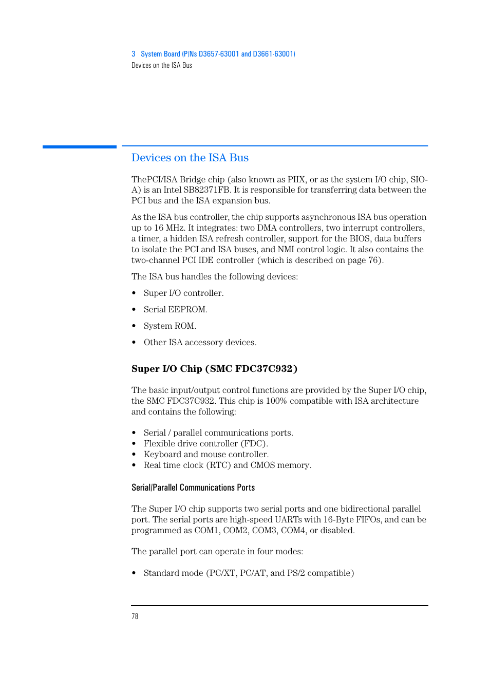Devices on the isa bus, Super i/o chip (smc fdc37c932), Serial/parallel communications ports | HP Vectra 500 Series User Manual | Page 78 / 146