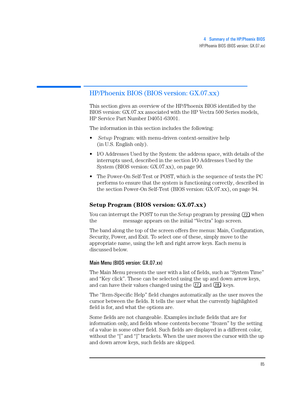 Hp/phoenix bios (bios version: gx.07.xx), Setup program (bios version: gx.07.xx), Main menu (bios version: gx.07.xx) | HP Vectra 500 Series User Manual | Page 85 / 146