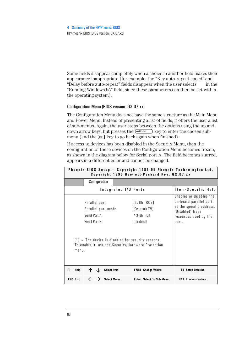 Configuration menu (bios version: gx.07.xx) | HP Vectra 500 Series User Manual | Page 86 / 146