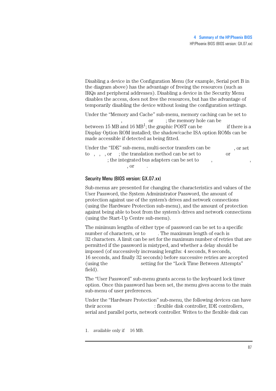 Security menu (bios version: gx.07.xx) | HP Vectra 500 Series User Manual | Page 87 / 146