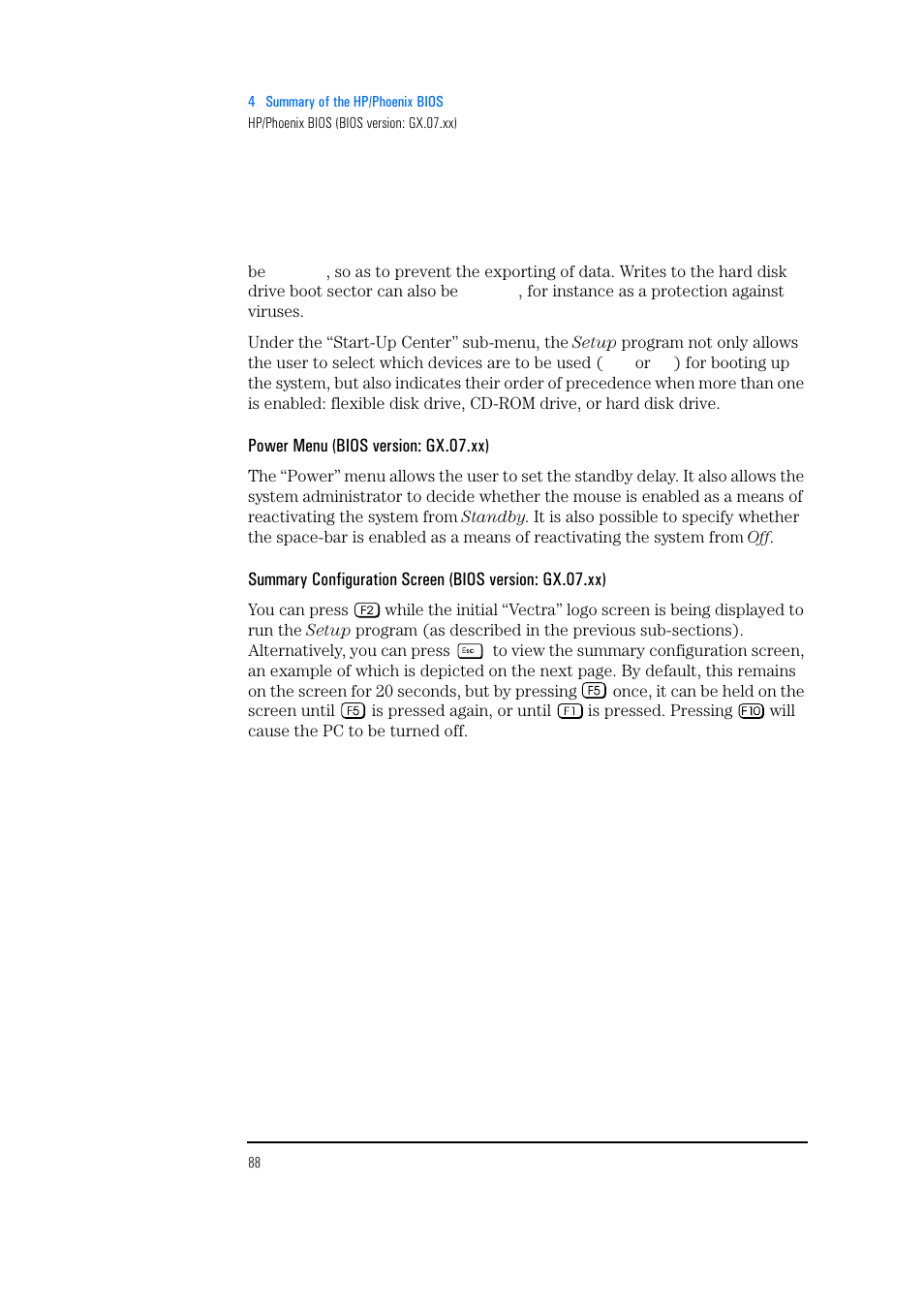Power menu (bios version: gx.07.xx) | HP Vectra 500 Series User Manual | Page 88 / 146