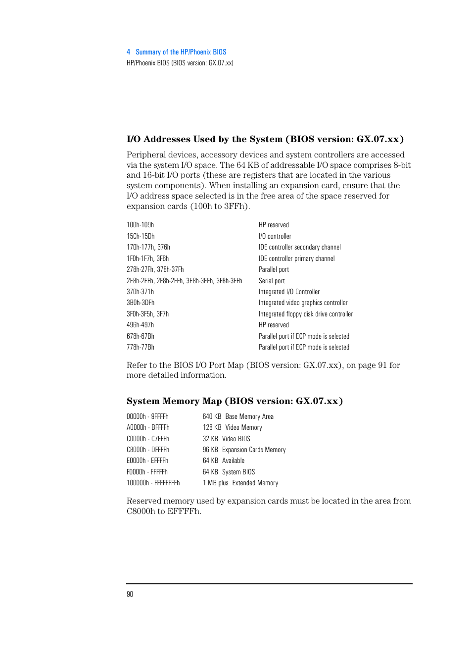 System memory map (bios version: gx.07.xx) | HP Vectra 500 Series User Manual | Page 90 / 146