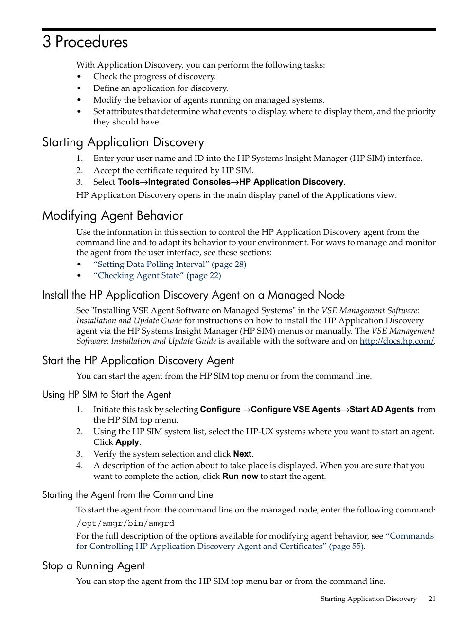 3 procedures, Starting application discovery, Modifying agent behavior | Start the hp application discovery agent, Using hp sim to start the agent, Starting the agent from the command line, Stop a running agent | HP 5992-3838 User Manual | Page 21 / 78