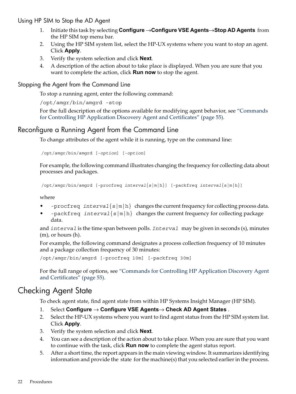 Using hp sim to stop the ad agent, Stopping the agent from the command line, Reconfigure a running agent from the command line | Checking agent state | HP 5992-3838 User Manual | Page 22 / 78