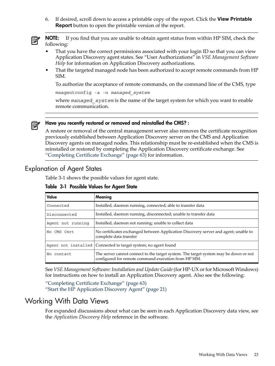 Explanation of agent states, Working with data views, Possible values for agent state | HP 5992-3838 User Manual | Page 23 / 78