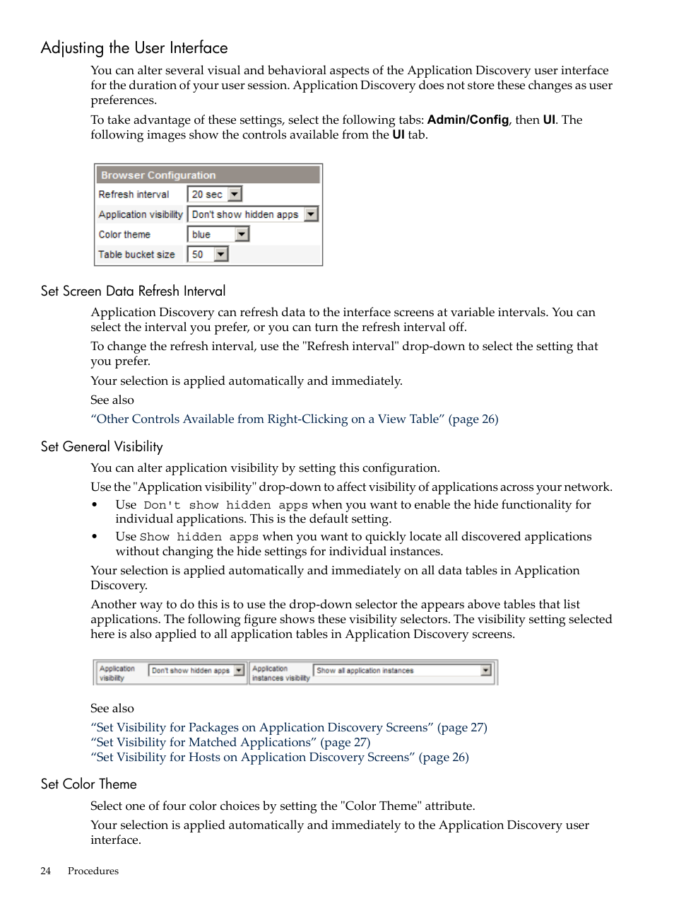 Adjusting the user interface, Set screen data refresh interval, Set general visibility | Set color theme | HP 5992-3838 User Manual | Page 24 / 78