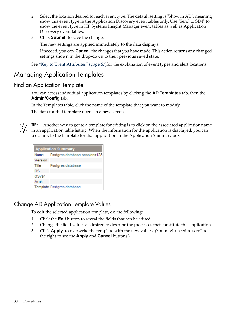 Managing application templates, Find an application template, Change ad application template values | HP 5992-3838 User Manual | Page 30 / 78
