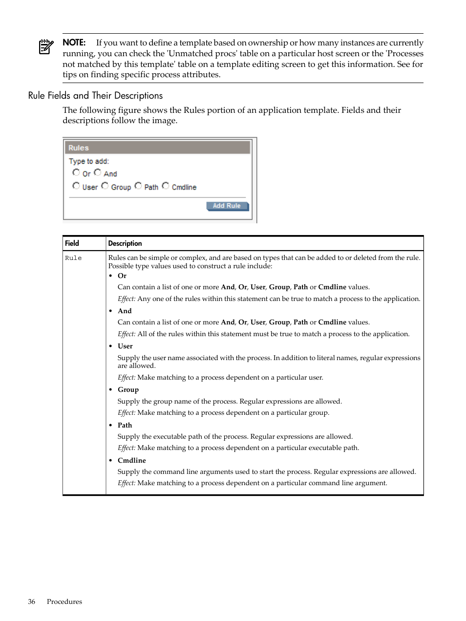 Rule fields and their descriptions, Rule fields | HP 5992-3838 User Manual | Page 36 / 78
