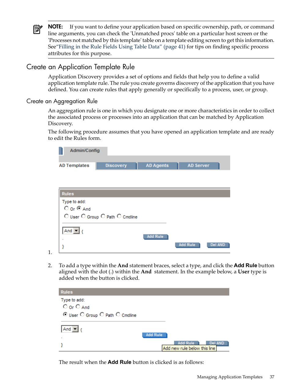 Create an application template rule, Create an aggregation rule | HP 5992-3838 User Manual | Page 37 / 78