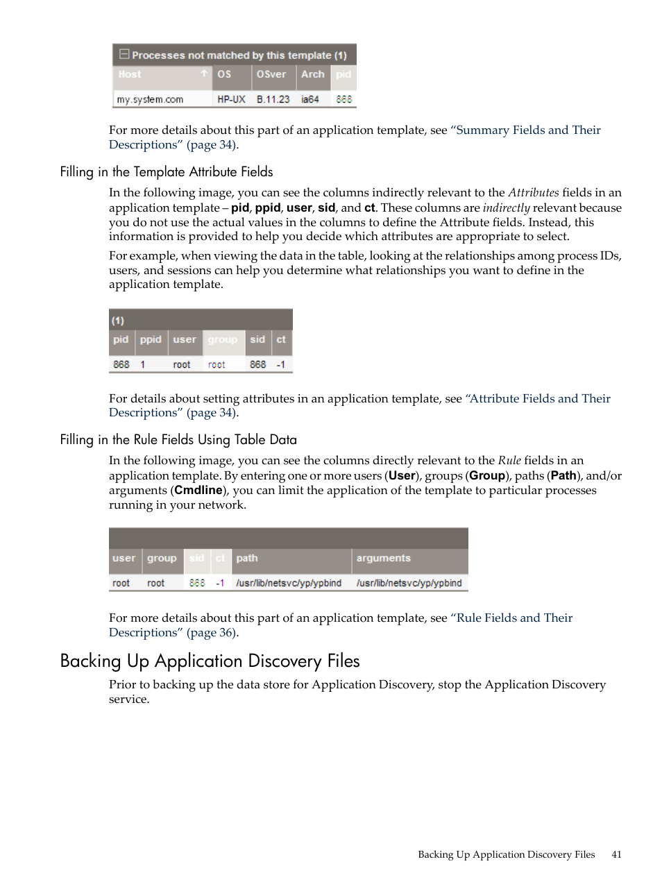 Filling in the template attribute fields, Filling in the rule fields using table data, Backing up application discovery files | HP 5992-3838 User Manual | Page 41 / 78