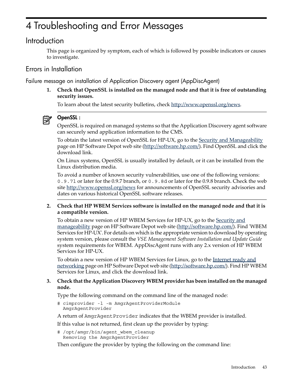 4 troubleshooting and error messages, Introduction, Errors in installation | HP 5992-3838 User Manual | Page 43 / 78