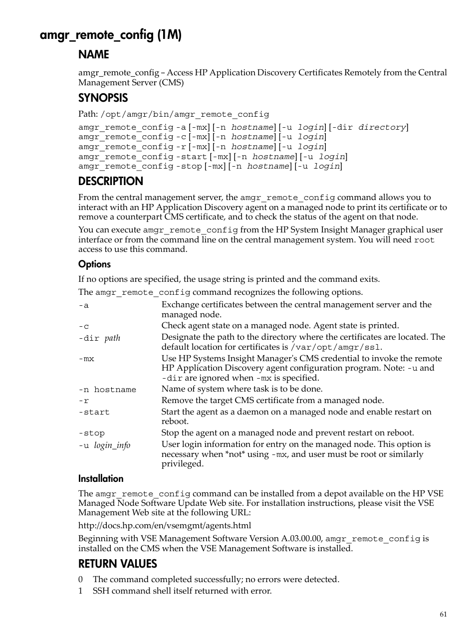 Amgr_remote_config (1m), Name, Synopsis | Description, Return values | HP 5992-3838 User Manual | Page 61 / 78