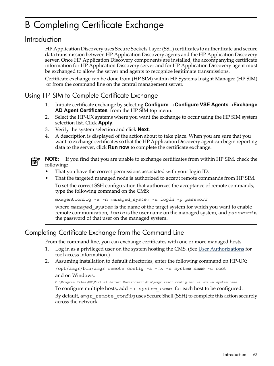 B completing certificate exchange, Introduction, Using hp sim to complete certificate exchange | HP 5992-3838 User Manual | Page 63 / 78