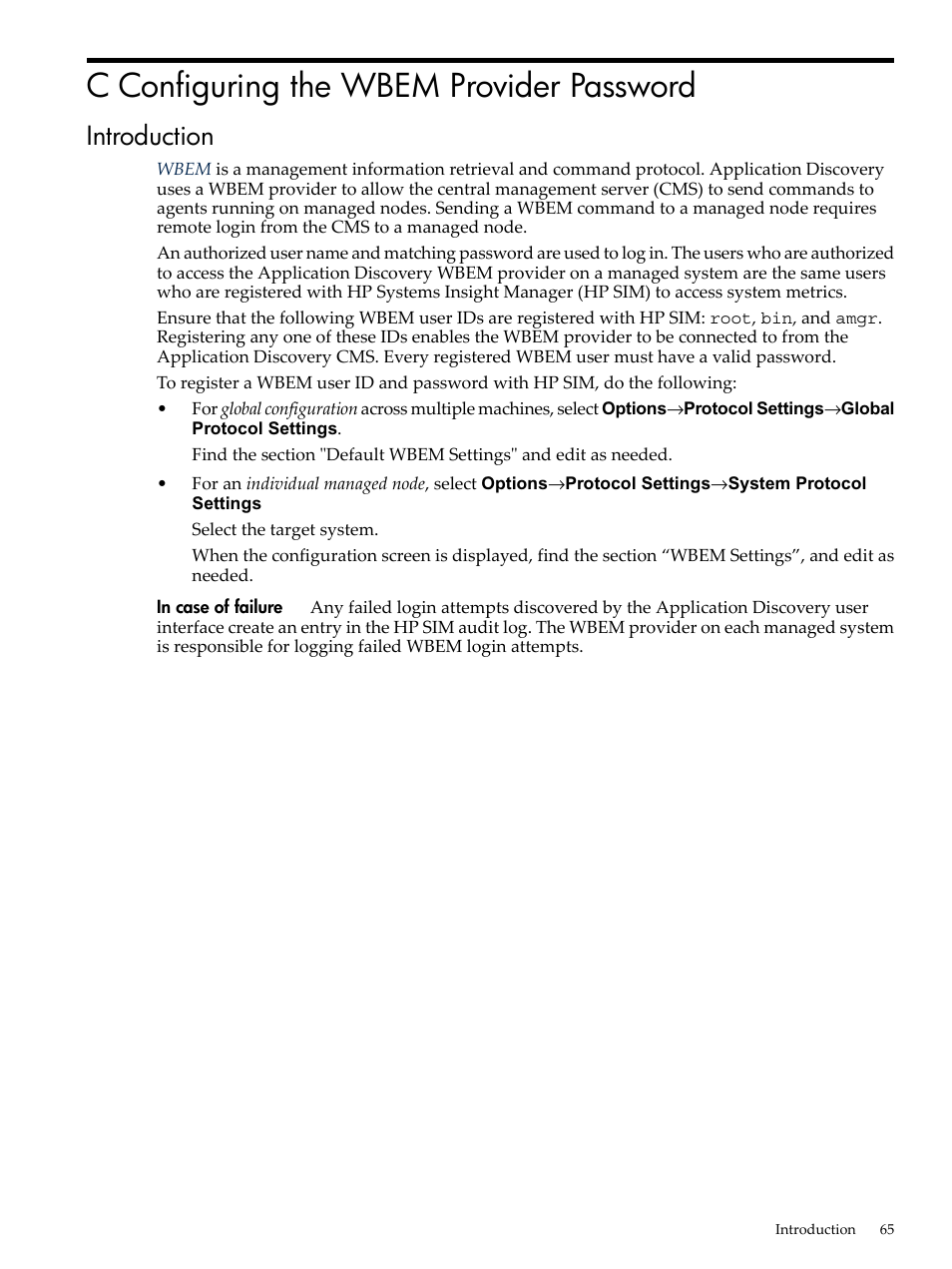 C configuring the wbem provider password, Introduction | HP 5992-3838 User Manual | Page 65 / 78