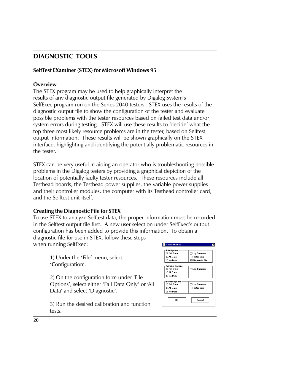 Diagnostic tools, Selftest examiner (stex) for microsoft windows 95, Overview | Creating the diagnostic file for stex | HP 2040D User Manual | Page 21 / 67