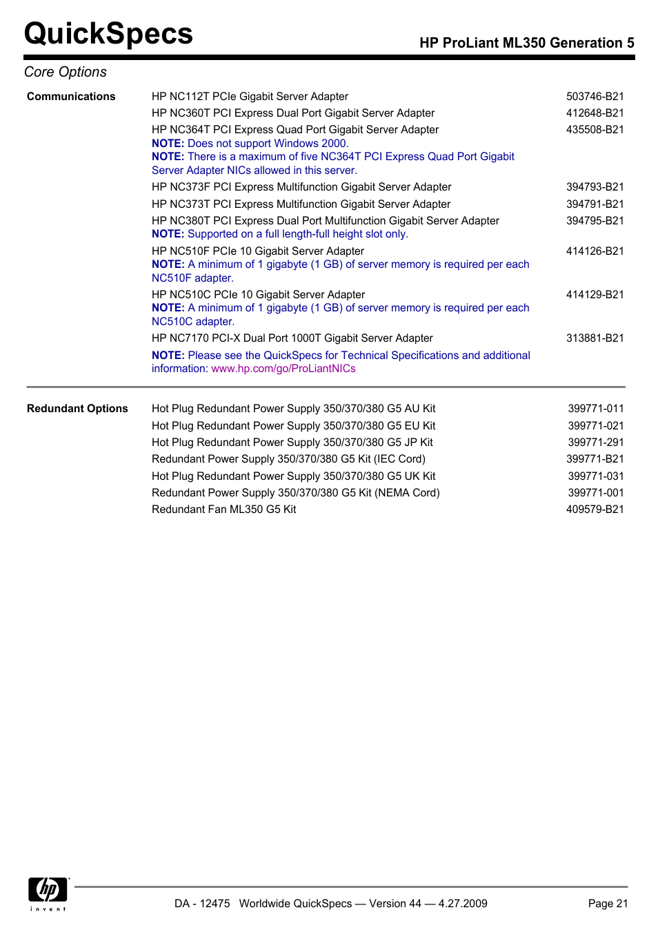 Quickspecs, Hp proliant ml350 generation 5 core options | HP ML350 User Manual | Page 21 / 47