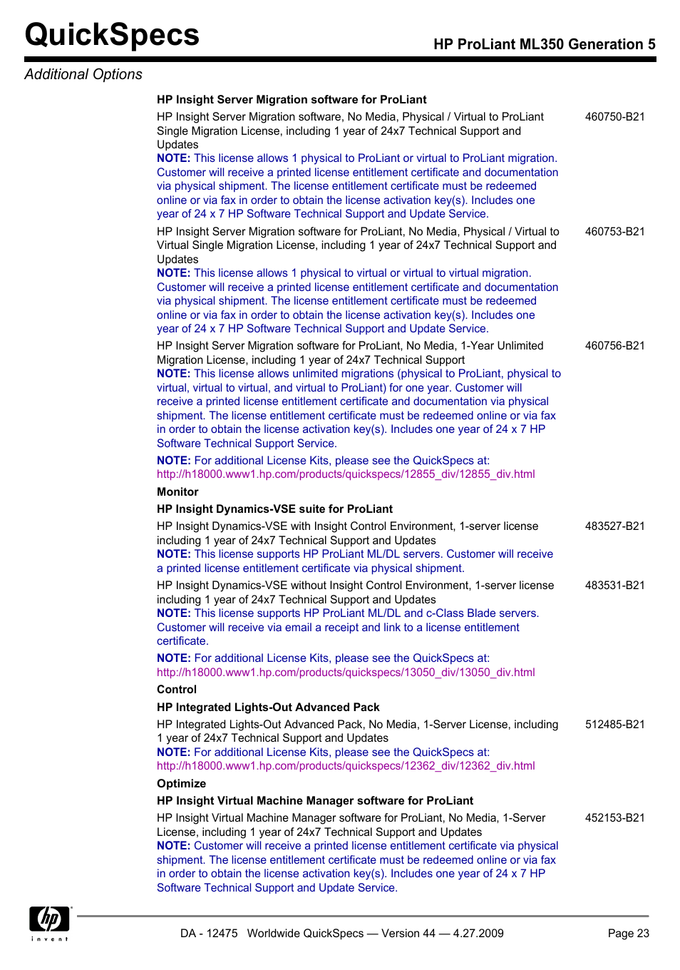 Quickspecs, Hp proliant ml350 generation 5 additional options | HP ML350 User Manual | Page 23 / 47