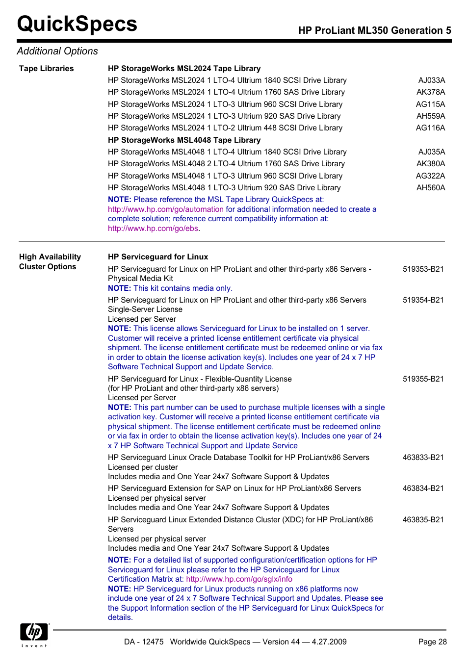 Quickspecs, Hp proliant ml350 generation 5 additional options | HP ML350 User Manual | Page 28 / 47