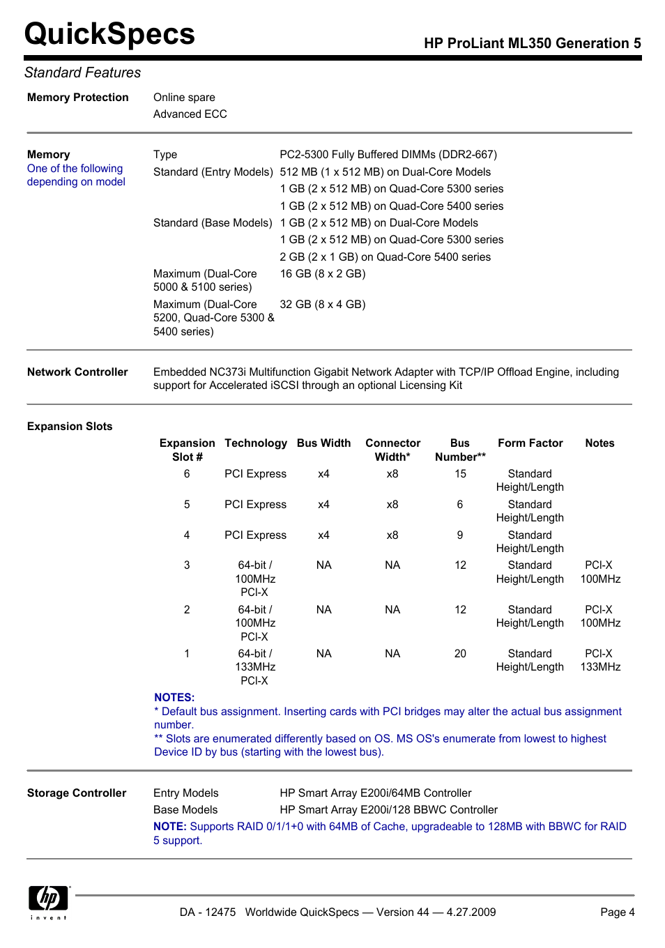 Quickspecs, Hp proliant ml350 generation 5 standard features | HP ML350 User Manual | Page 4 / 47