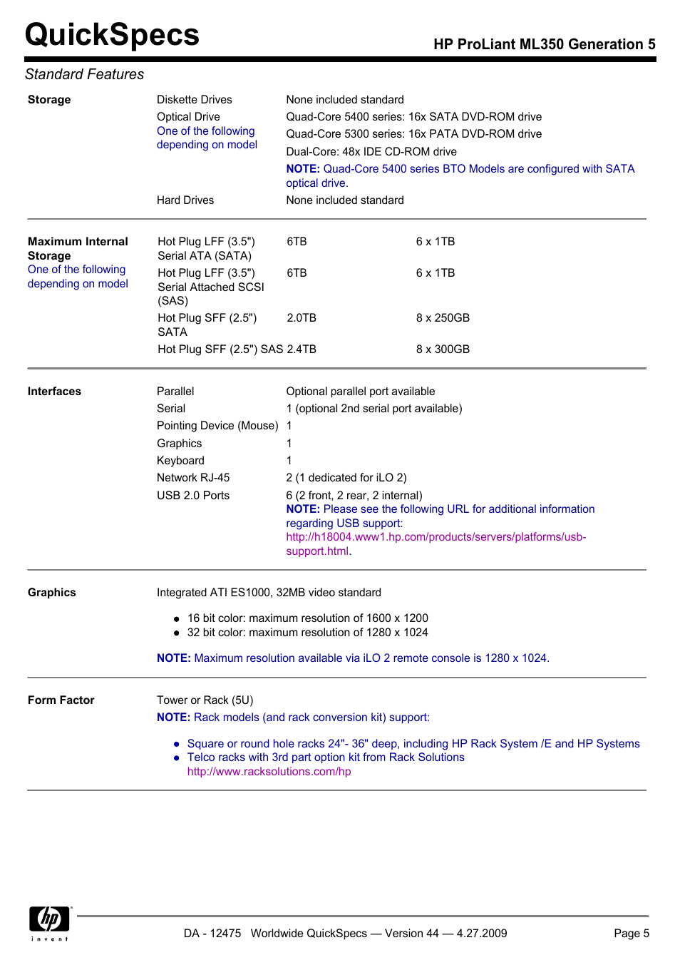Quickspecs, Hp proliant ml350 generation 5 standard features | HP ML350 User Manual | Page 5 / 47