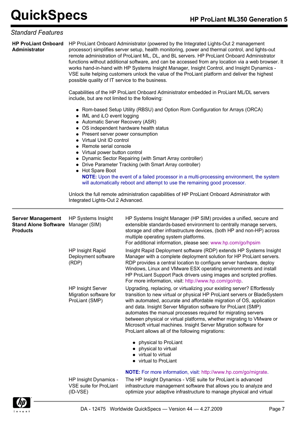 Quickspecs, Hp proliant ml350 generation 5 standard features | HP ML350 User Manual | Page 7 / 47