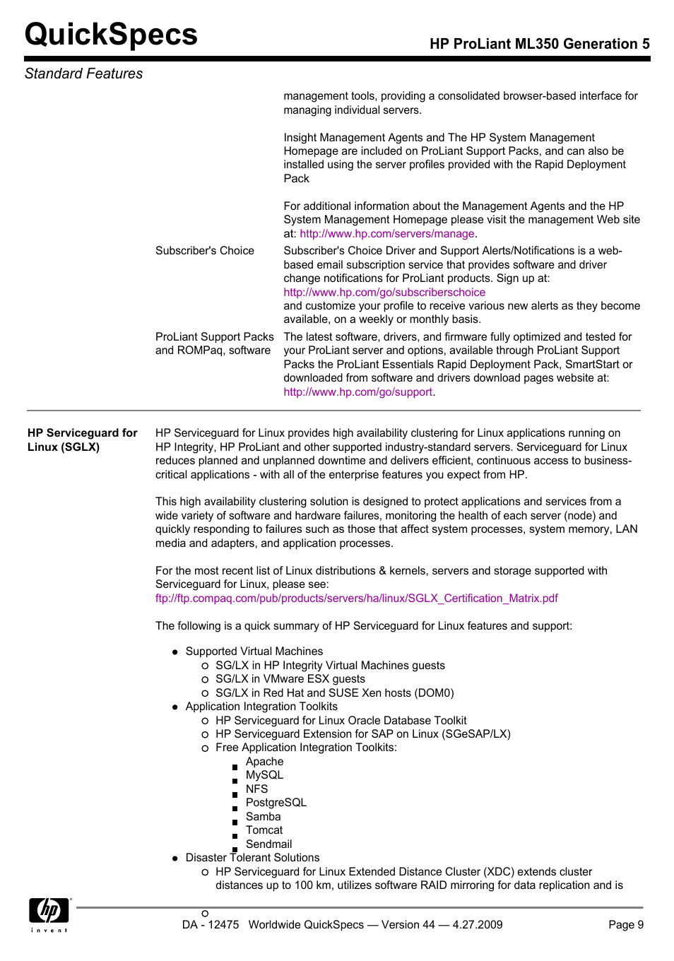 Quickspecs, Hp proliant ml350 generation 5 standard features | HP ML350 User Manual | Page 9 / 47