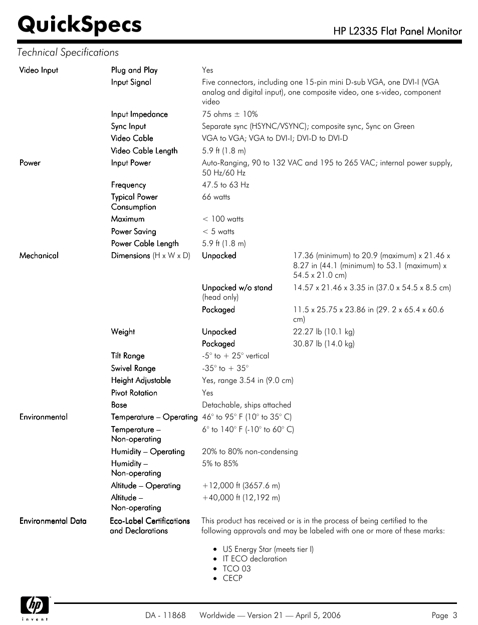 Quickspecs, Hp l2335 flat panel monitor | HP Workstation P9615A#xxx User Manual | Page 3 / 7