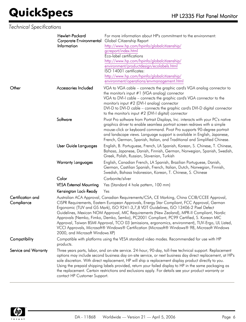 Quickspecs, Hp l2335 flat panel monitor | HP Workstation P9615A#xxx User Manual | Page 6 / 7