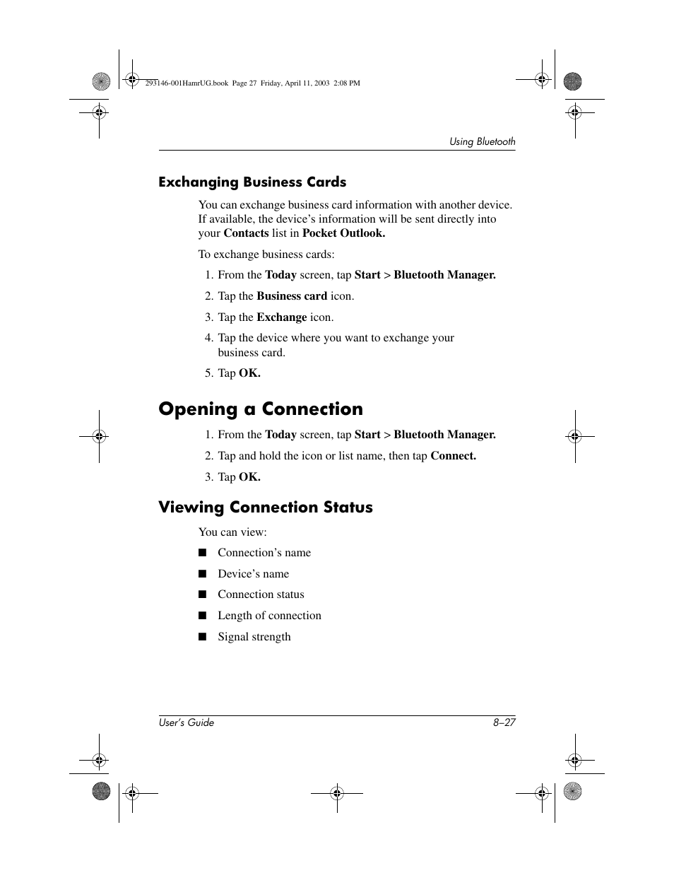 Exchanging business cards, Opening a connection, Viewing connection status | Opening a connection –27, Viewing connection status –27 | HP h2200 Series User Manual | Page 102 / 125