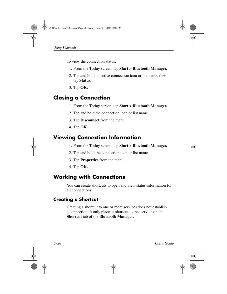 Closing a connection, Viewing connection information, Working with connections | Creating a shortcut | HP h2200 Series User Manual | Page 103 / 125