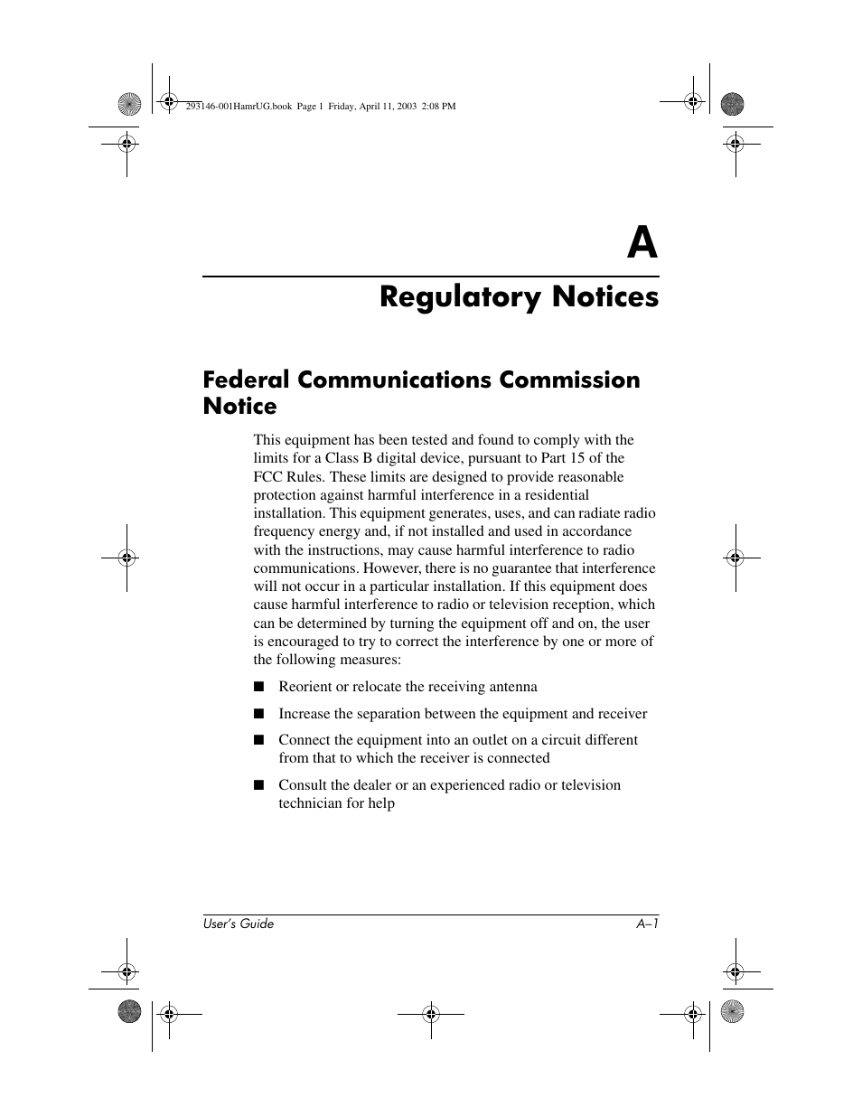 Regulatory notices, Federal communications commission notice, A regulatory notices | HP h2200 Series User Manual | Page 112 / 125