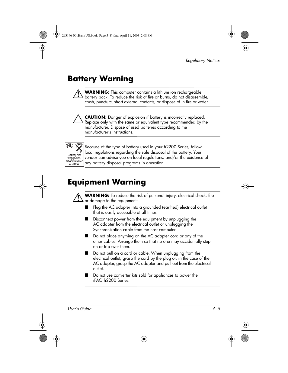 Battery warning, Equipment warning | HP h2200 Series User Manual | Page 116 / 125