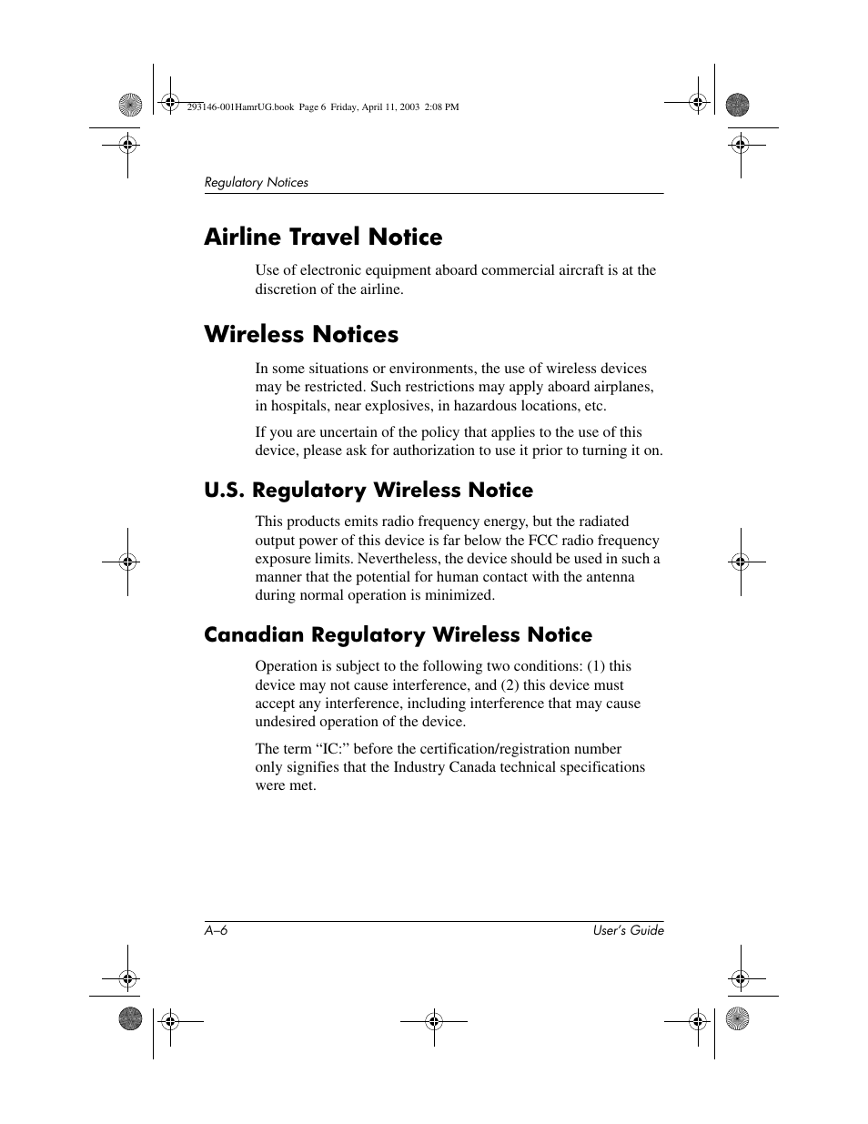Airline travel notice, Wireless notices, U.s. regulatory wireless notice | Canadian regulatory wireless notice | HP h2200 Series User Manual | Page 117 / 125