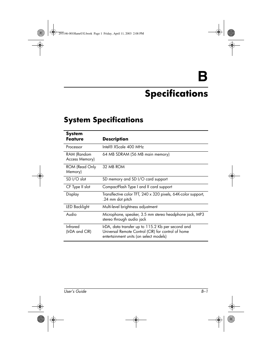 Specifications, System specifications, B specifications | HP h2200 Series User Manual | Page 119 / 125