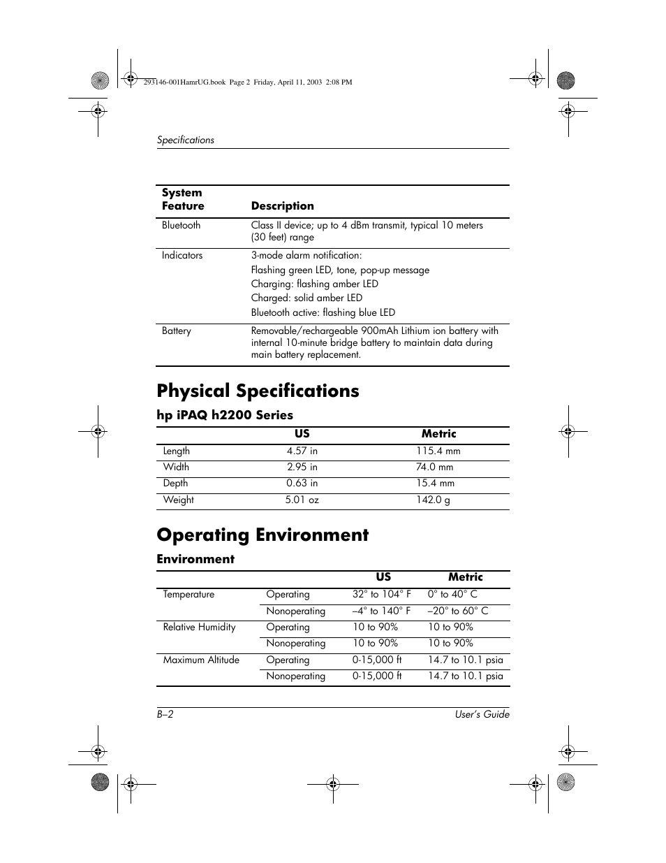 Physical specifications, Operating environment, Physical specifications operating environment | HP h2200 Series User Manual | Page 120 / 125
