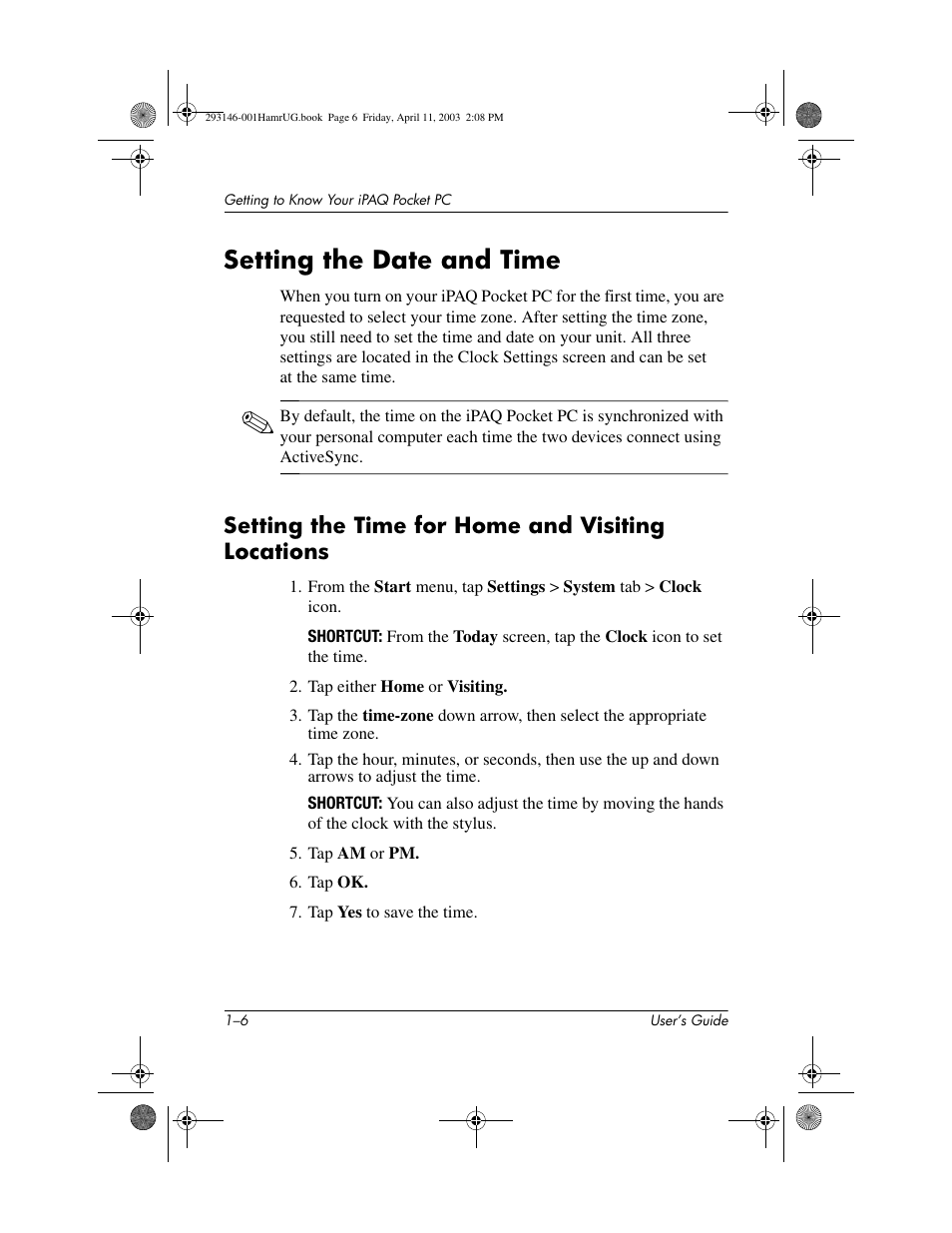 Setting the date and time, Setting the time for home and visiting locations, Setting the date and time –6 | HP h2200 Series User Manual | Page 13 / 125