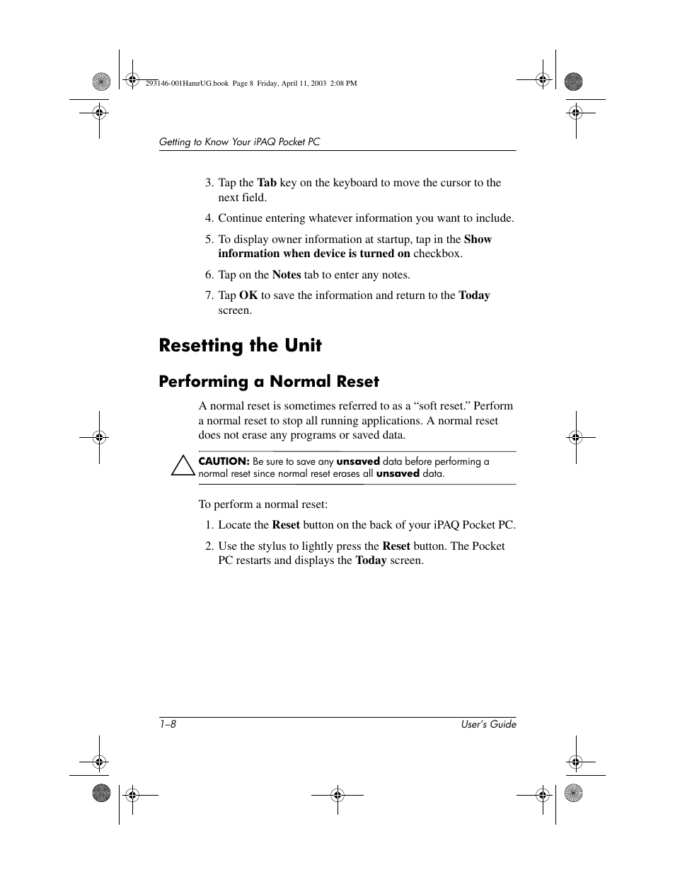 Resetting the unit, Performing a normal reset, Resetting the unit –8 | Performing a normal reset –8 | HP h2200 Series User Manual | Page 15 / 125