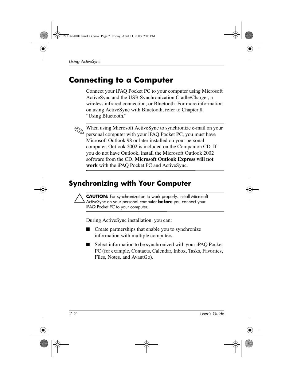 Connecting to a computer, Synchronizing with your computer, Connecting to a computer –2 | Synchronizing with your computer –2 | HP h2200 Series User Manual | Page 20 / 125