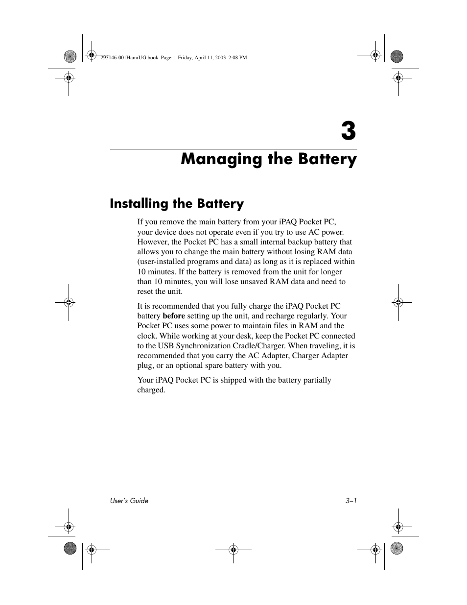 Managing the battery, Installing the battery, 3 managing the battery | Installing the battery –1 | HP h2200 Series User Manual | Page 26 / 125