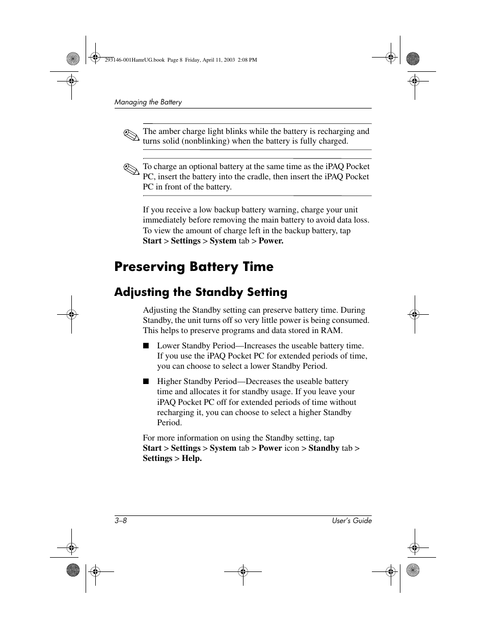 Preserving battery time, Adjusting the standby setting, Preserving battery time –8 | Adjusting the standby setting –8 | HP h2200 Series User Manual | Page 33 / 125